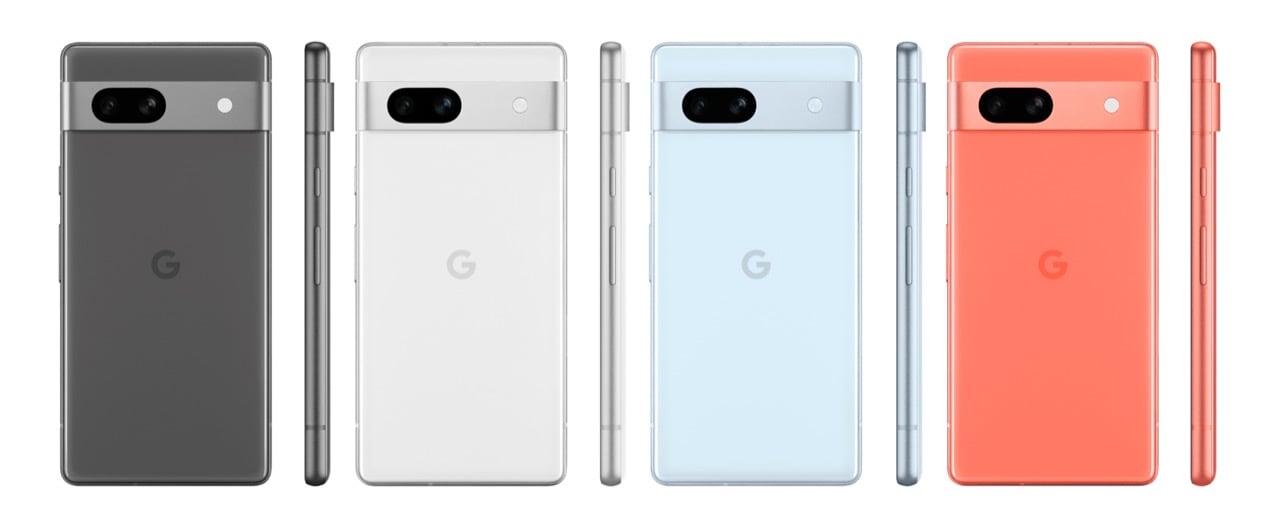 Pixel 7aのカラー。左からCharcoal、Snow、Sea、Coral