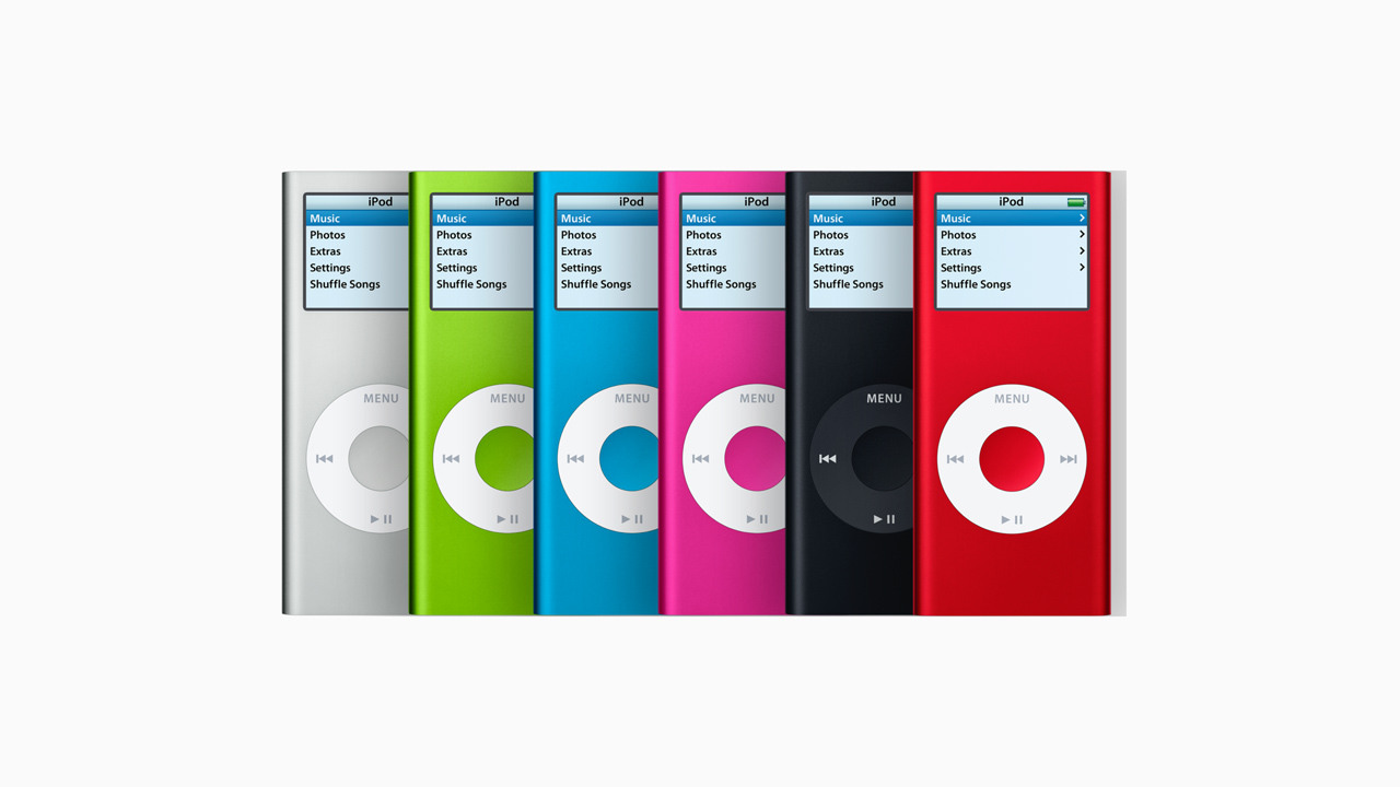 2006年9月25日発売のiPod nano（第2世代）。薄型のデザイン、明るいカラーディスプレイ、カラフルな6色、最大24時間の電池持ち、最大2,000曲がポケットサイズに