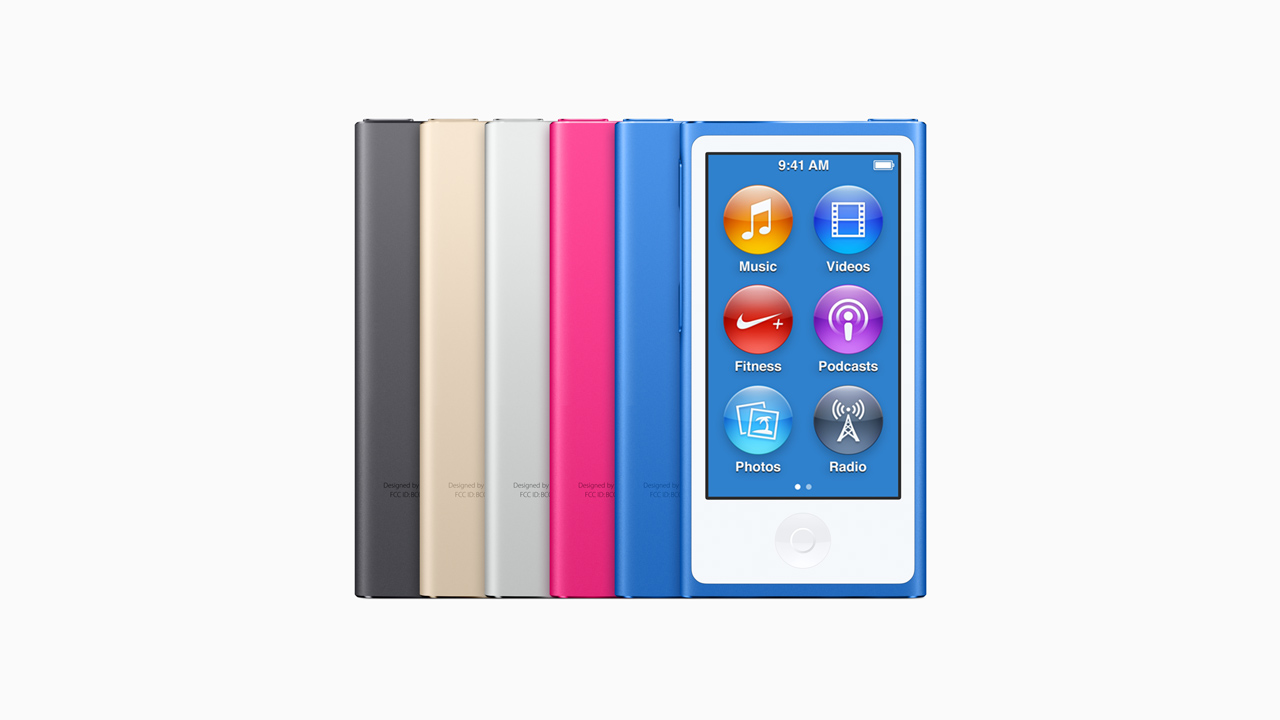 2012年9月12日発売のiPod nano（第7世代）。iPod史上最も薄い5.4mmで、2.5インチのマルチタッチディスプレイを搭載