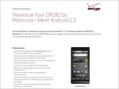 Motolora DROIDにAndroid 2.2が来週提供へ。