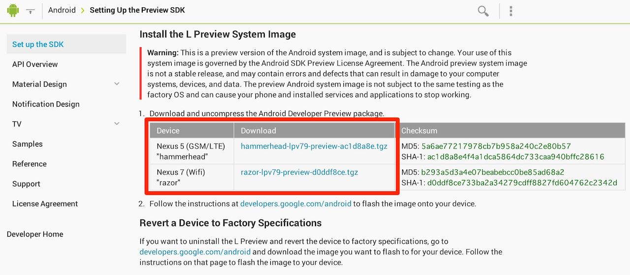 Android L Developer Previewのダウンロードリンク