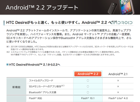 ソフトバンクモバイル、HTC Desireに10月8日にアップデートを提供。