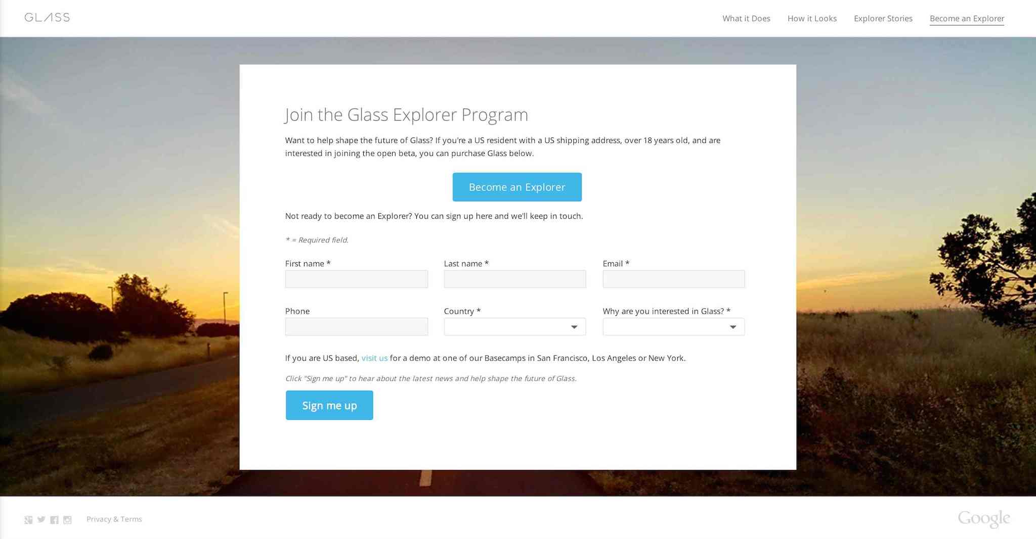 Google Glassエクスプローラプログラムへの参加申し込みフォーム