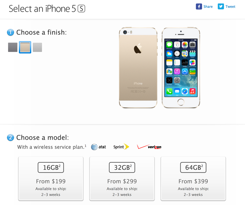 iPhone 5sの在庫状況が改善ーApple公式サイトの出荷予定日が1〜2週間に短縮