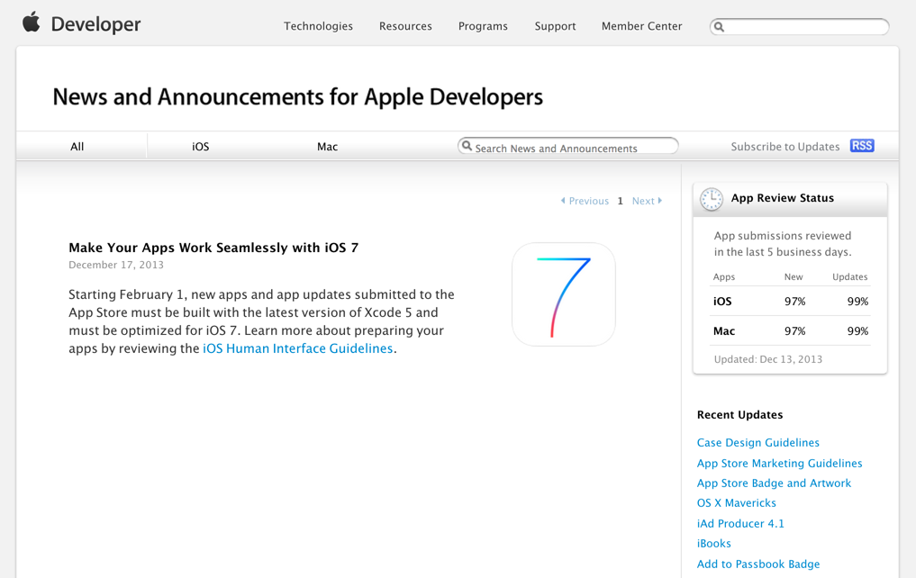 Apple、iOSアプリの審査項目にiOS 7への対応を追加、Xcode 5でのビルドも必須に